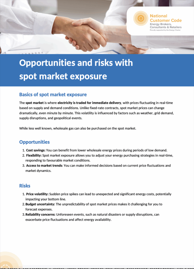 Energy Broker National Customer Code Spot Market fact sheet
